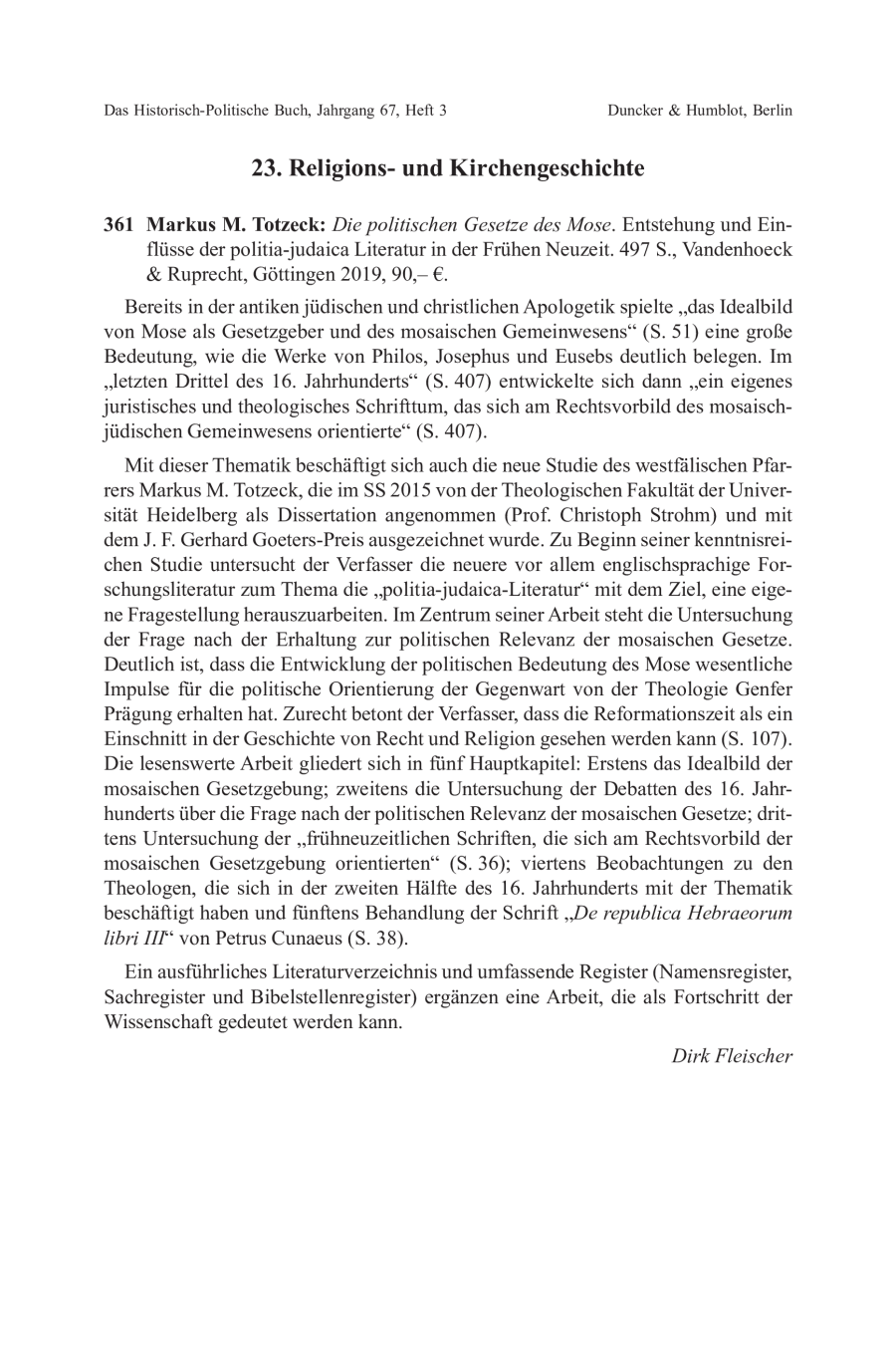 Markus M. Totzeck: Die politischen Gesetze des Mose. Entstehung und Einflüsse der politia-judaica Literatur in der Frühen Neuzeit