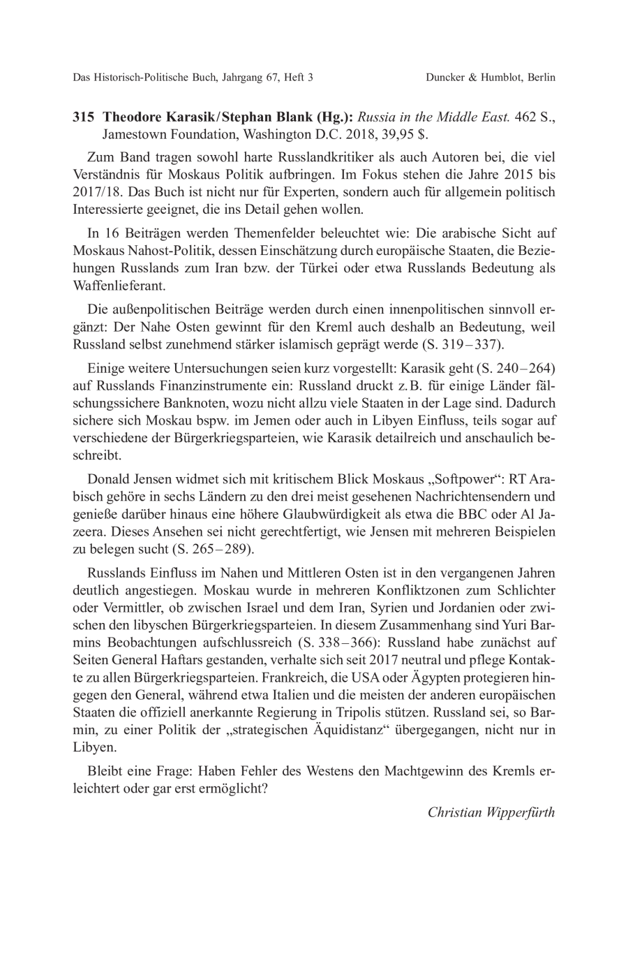 Theodore Karasik / Stephan Blank (Hg.): Russia in the Middle East