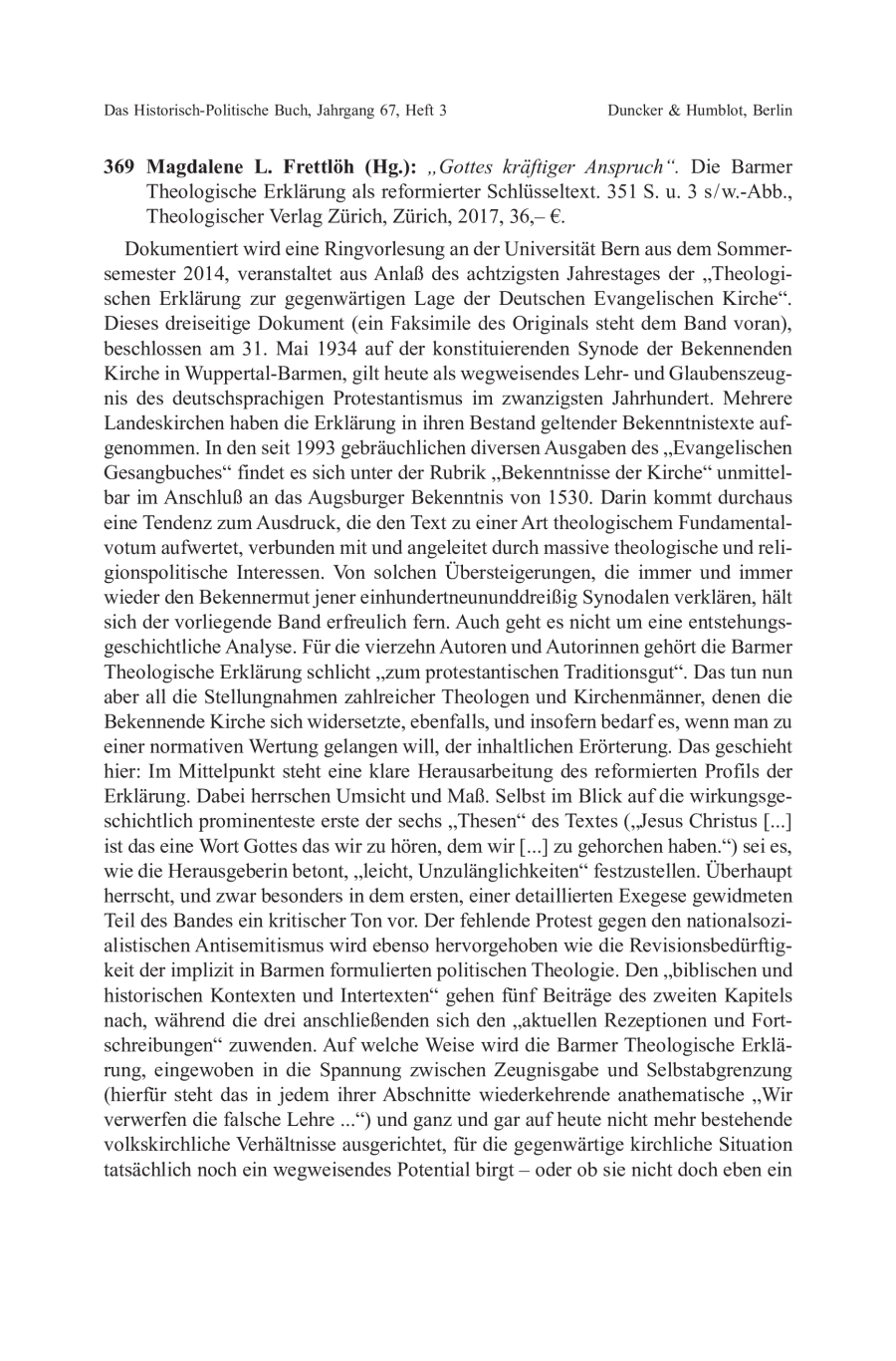 Magdalene L. Frettlöh (Hg.): „Gottes kräftiger Anspruch“. Die Barmer Theologische Erklärung als reformierter Schlüsseltext
