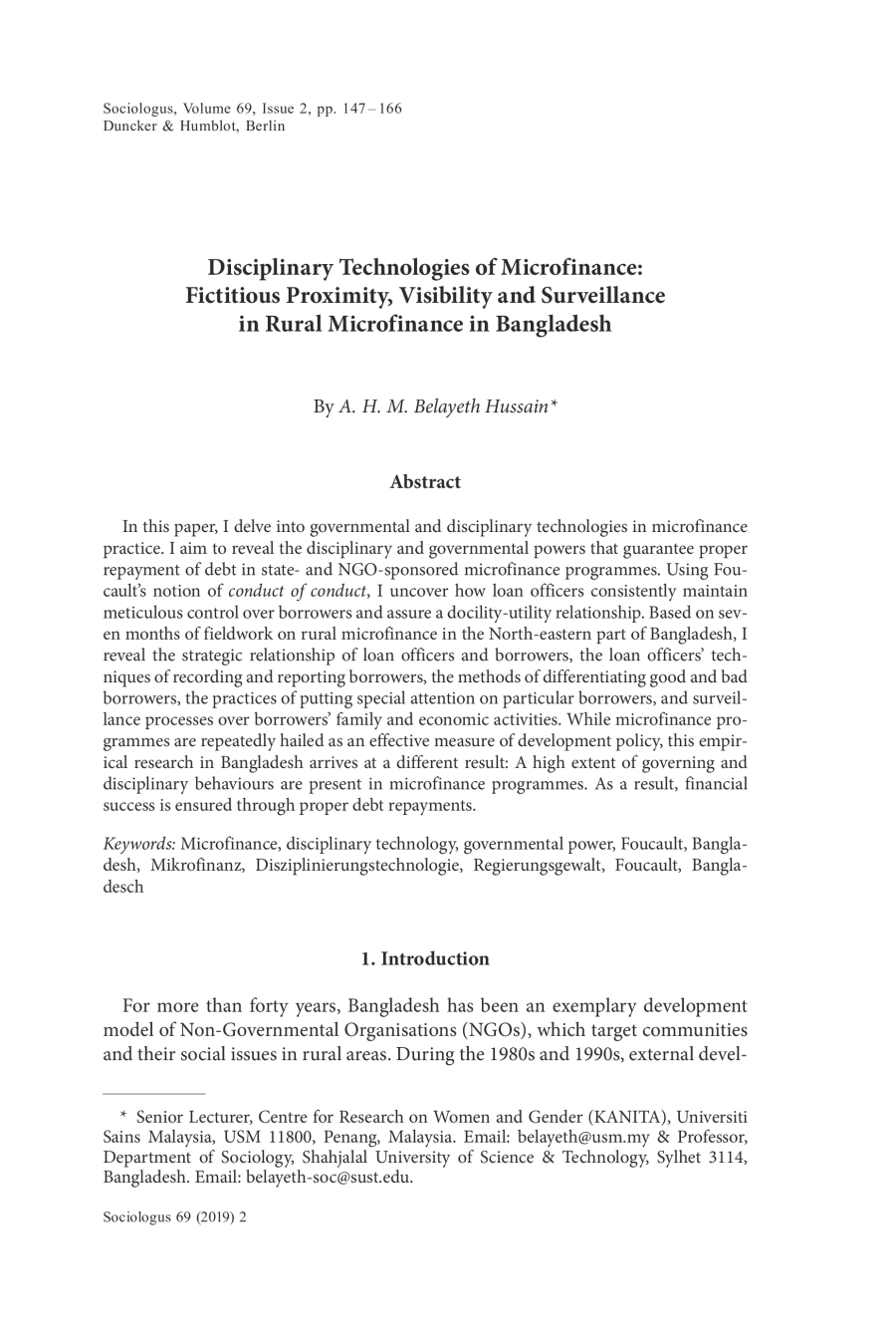 Disciplinary Technologies of Microfinance: Fictitious Proximity, Visibility and Surveillance in Rural Microfinance in Bangladesh