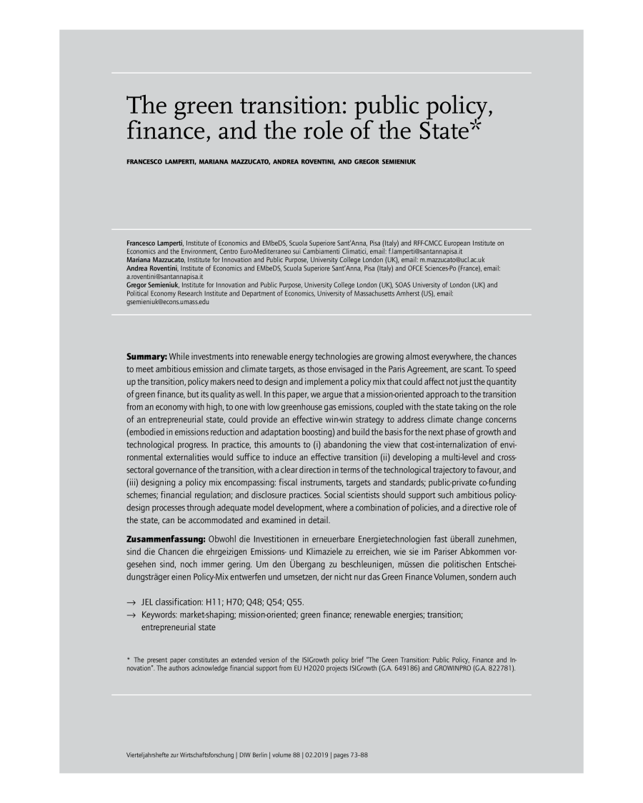 The green transition: public policy, finance, and the role of the State