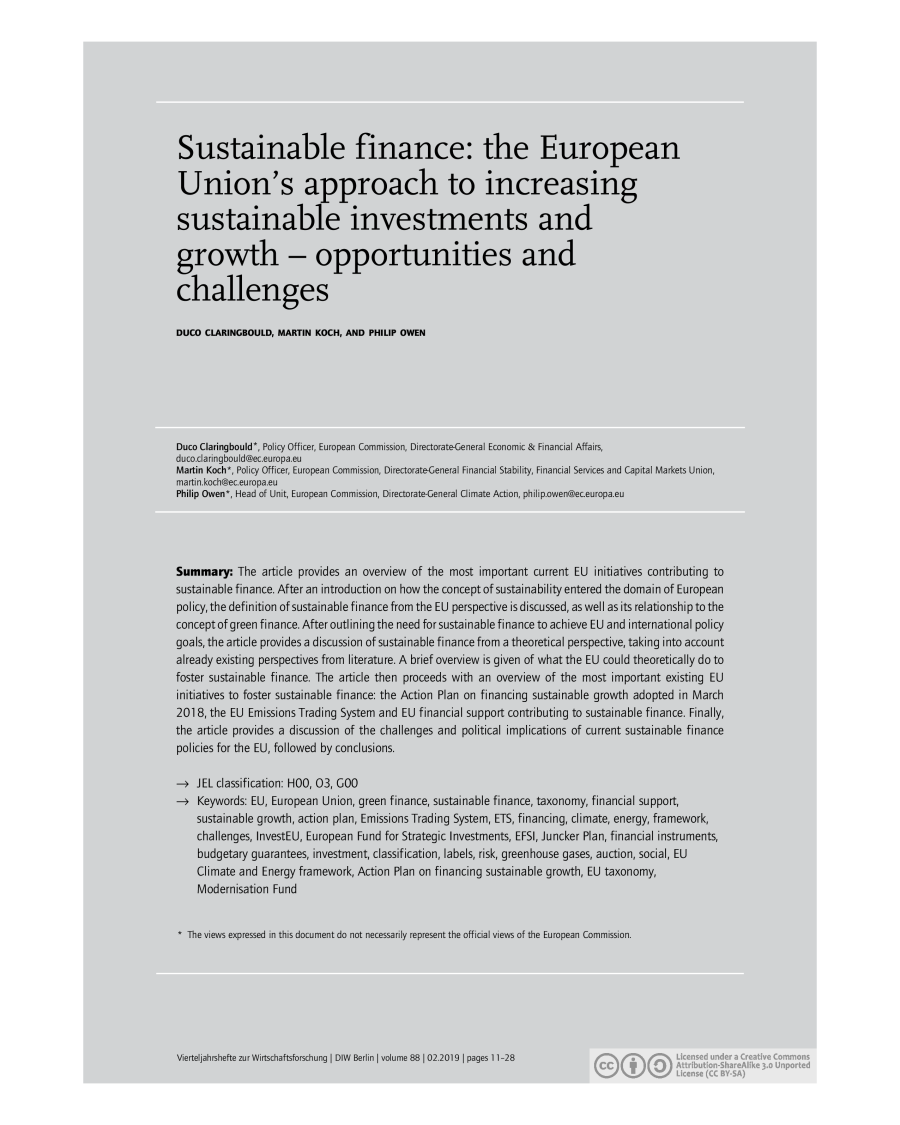 Sustainable finance: the European Union’s approach to increasing sustainable investments and growth – opportunities and challenges