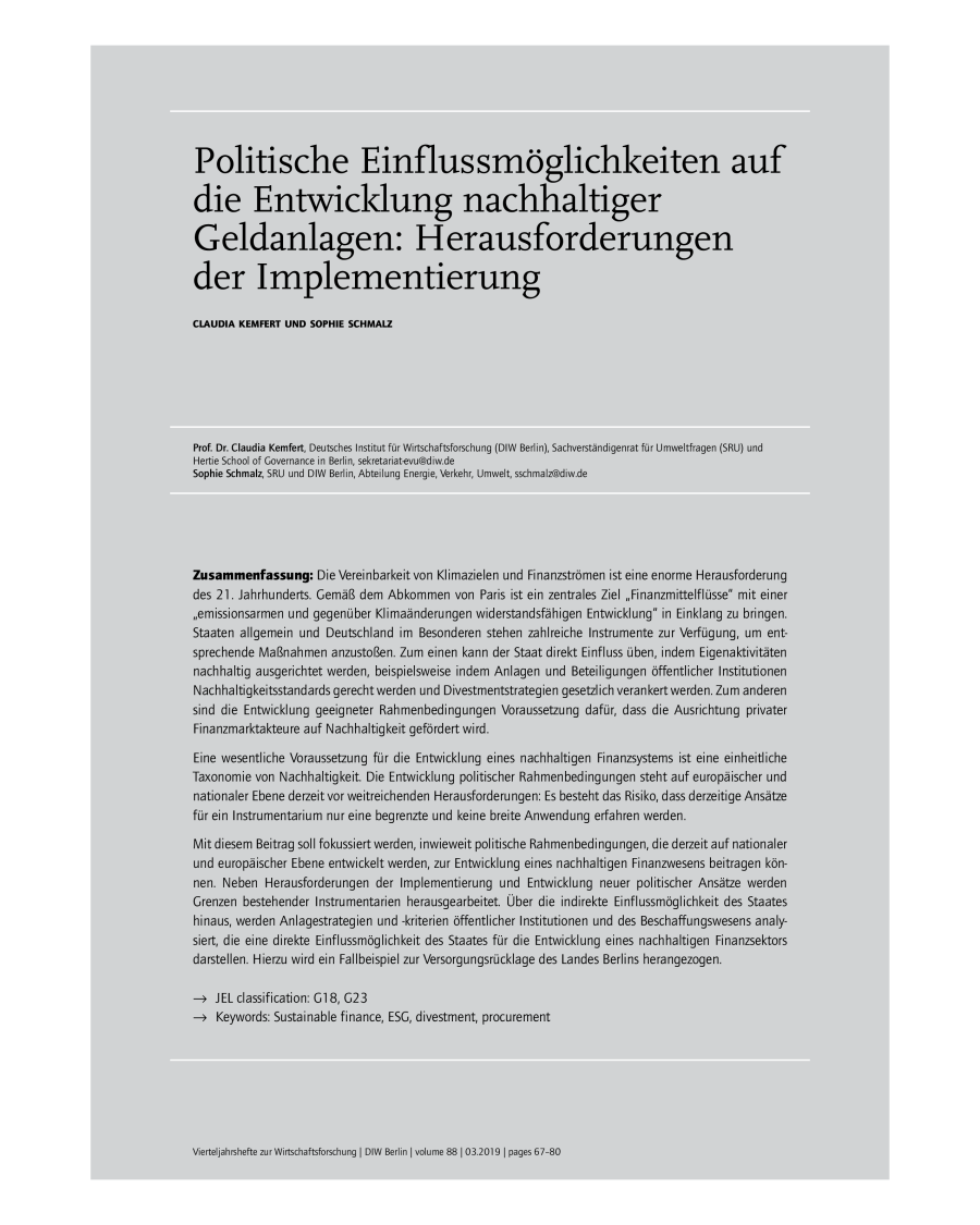 Politische Einflussmöglichkeiten auf die Entwicklung nachhaltiger Geldanlagen: Herausforderungen der Implementierung