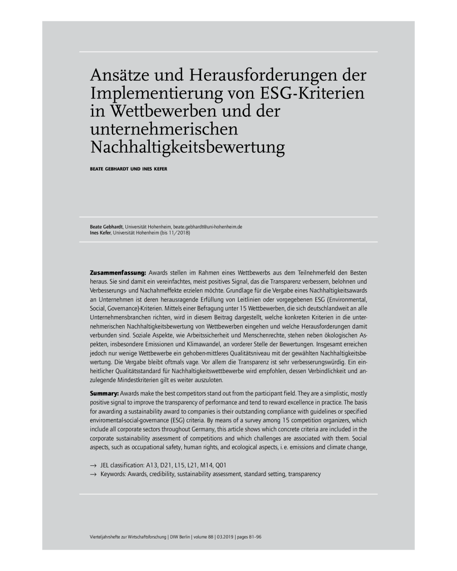 Ansätze und Herausforderungen der Implementierung von ESG-Kriterien in Wettbewerben und der unternehmerischen Nachhaltigkeitsbewertung