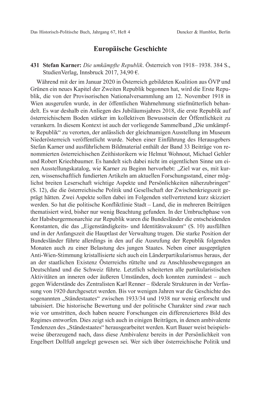 Stefan Karner: Die umkämpfte Republik. Österreich von 1918 – 1938