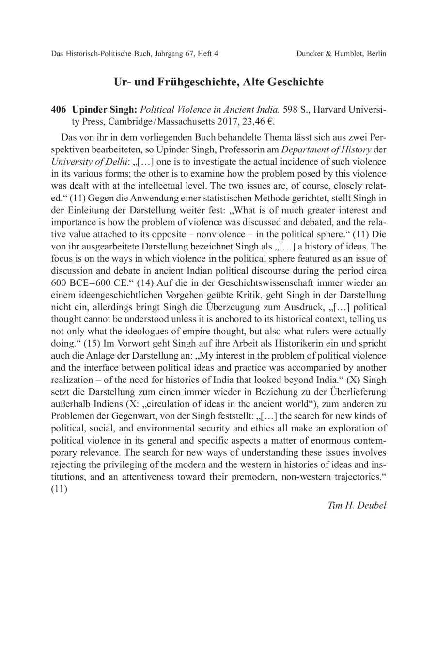 Upinder Singh: Political violence in ancient India.