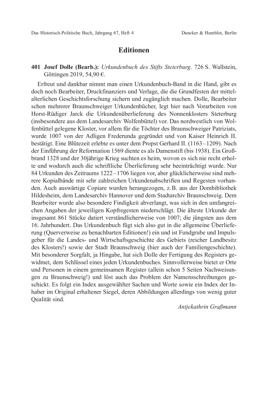 Josef Dolle (Bearb.): Urkundenbuch des Stifts Steterburg.