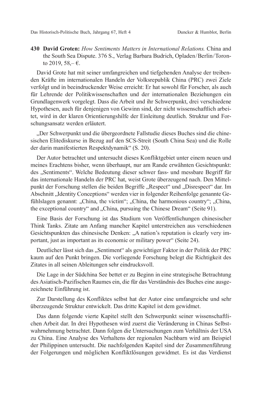 David Groten: How Sentiments Matters in International Relations. China and the South Sea Dispute