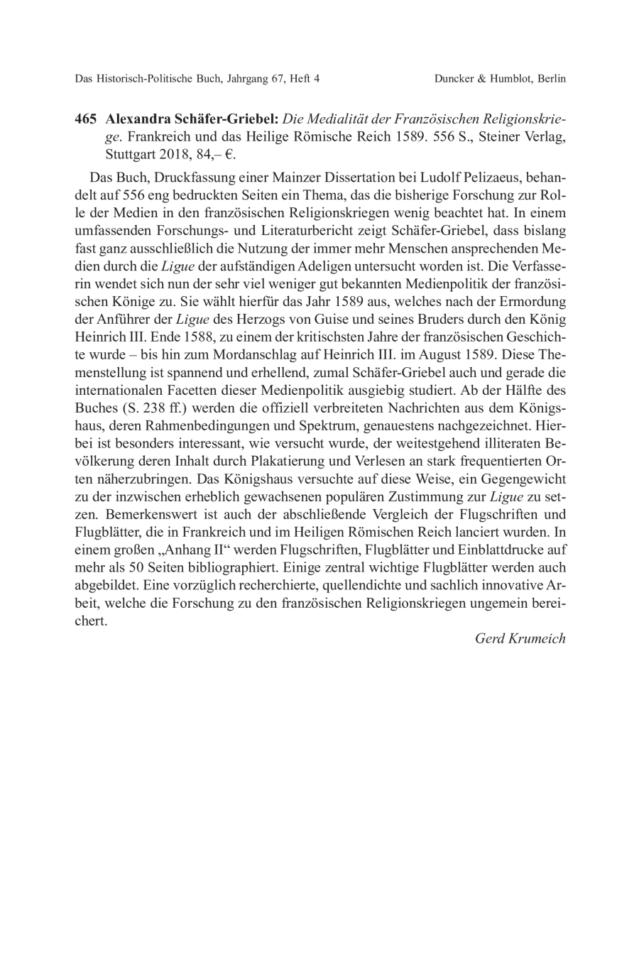Alexandra Schäfer-Griebel: Die Medialität der Französischen Religionskriege.
Frankreich und das Heilige Römische Reich 1589