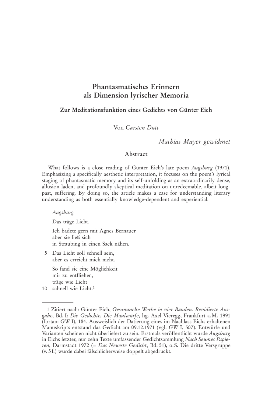 Phantasmatisches Erinnern als Dimension lyrischer Memoria