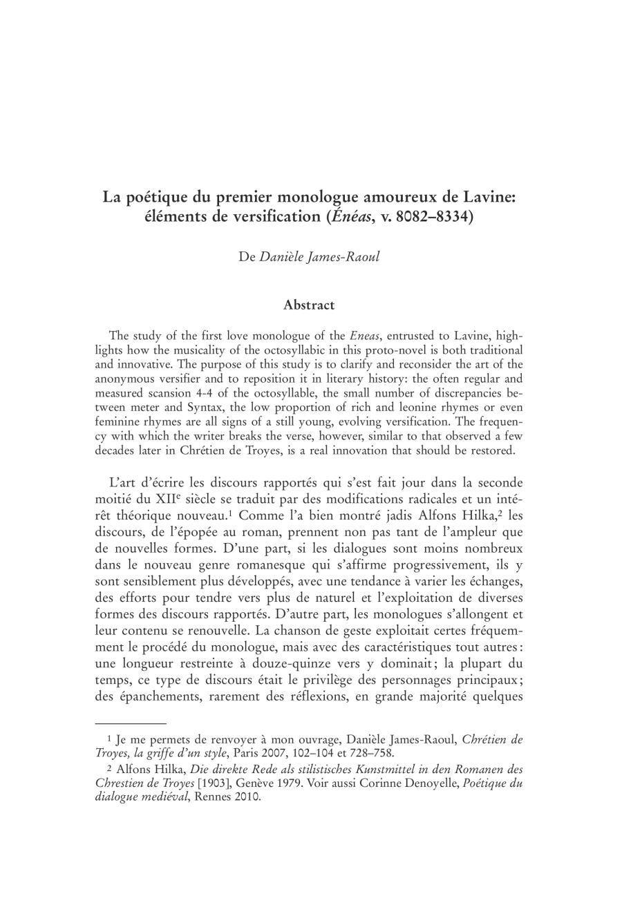 La poétique du premier monologue amoureux de Lavine: éléments de versification (Énéas, v. 8082–8334)
