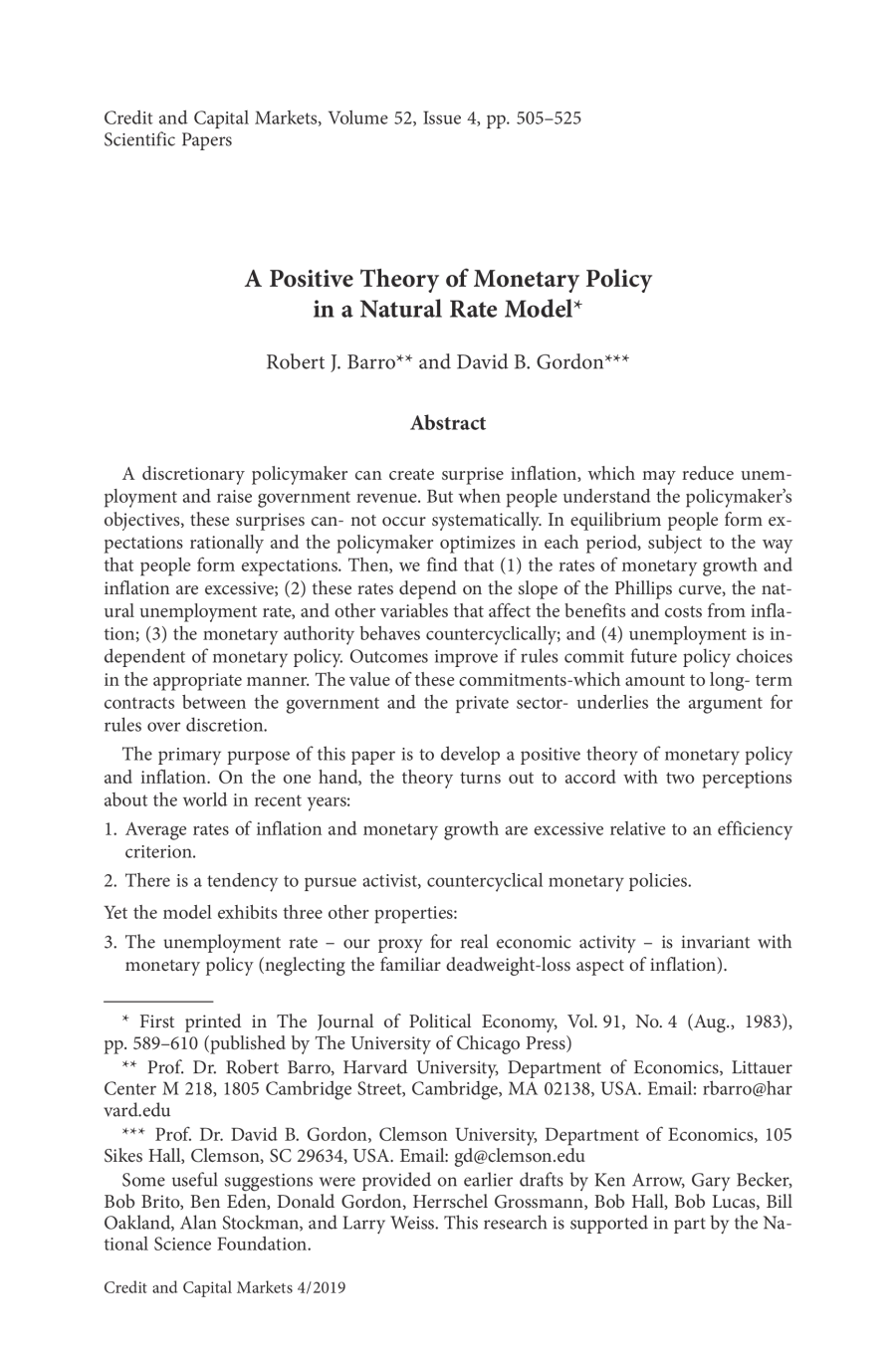 A Positive Theory of Monetary Policy in a Natural Rate Model