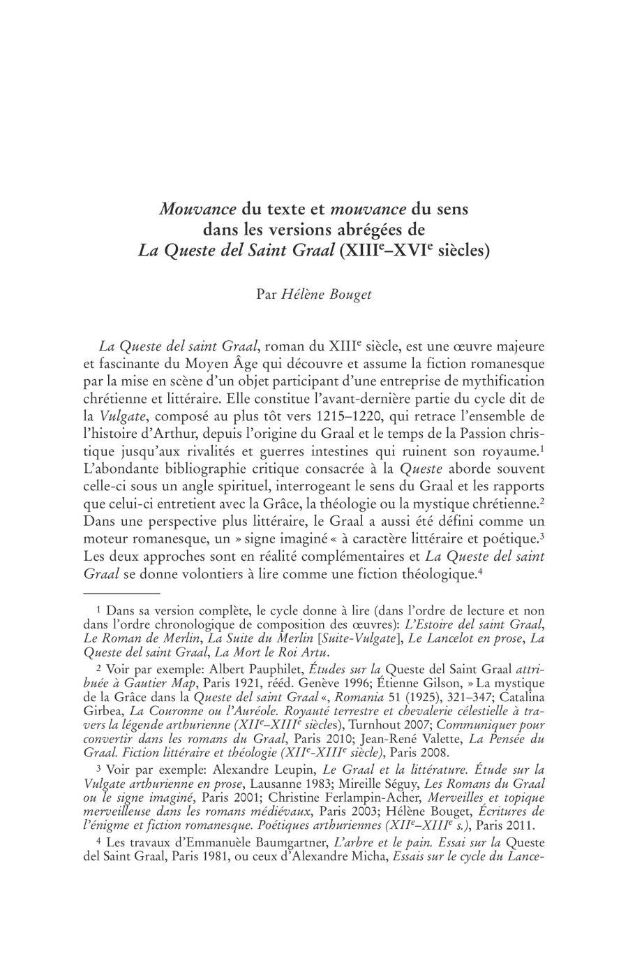 Mouvance du texte et mouvance du sens dans les versions abrégées de La Queste del Saint Graal (XIIIe–XVIe siècles)