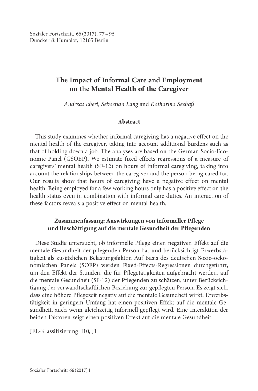 The Impact of Informal Care and Employment on the Mental Health of the Caregiver