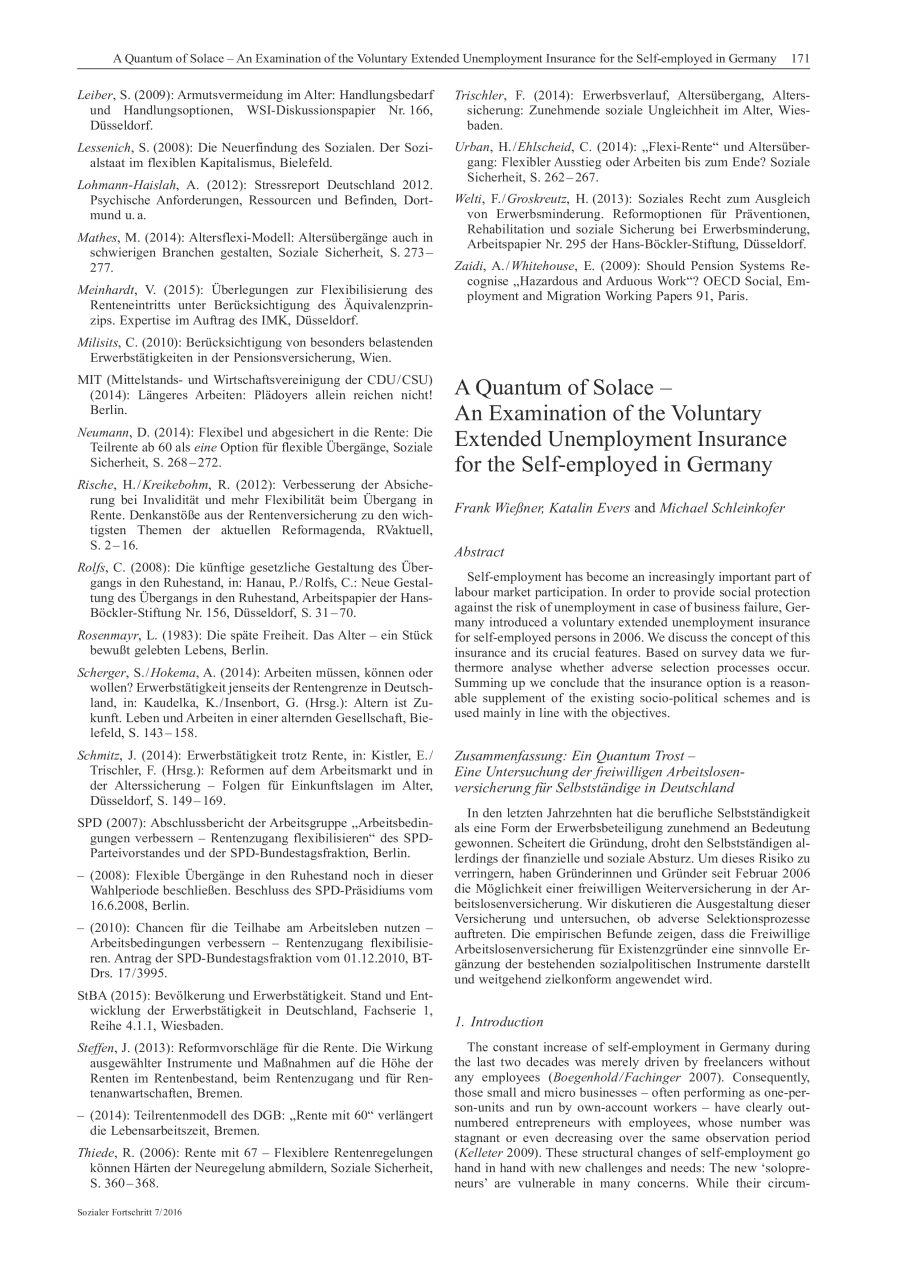 A Quantum of Solace – An Examination of the Voluntary Extended Unemployment Insurance for the Self-employed in Germany