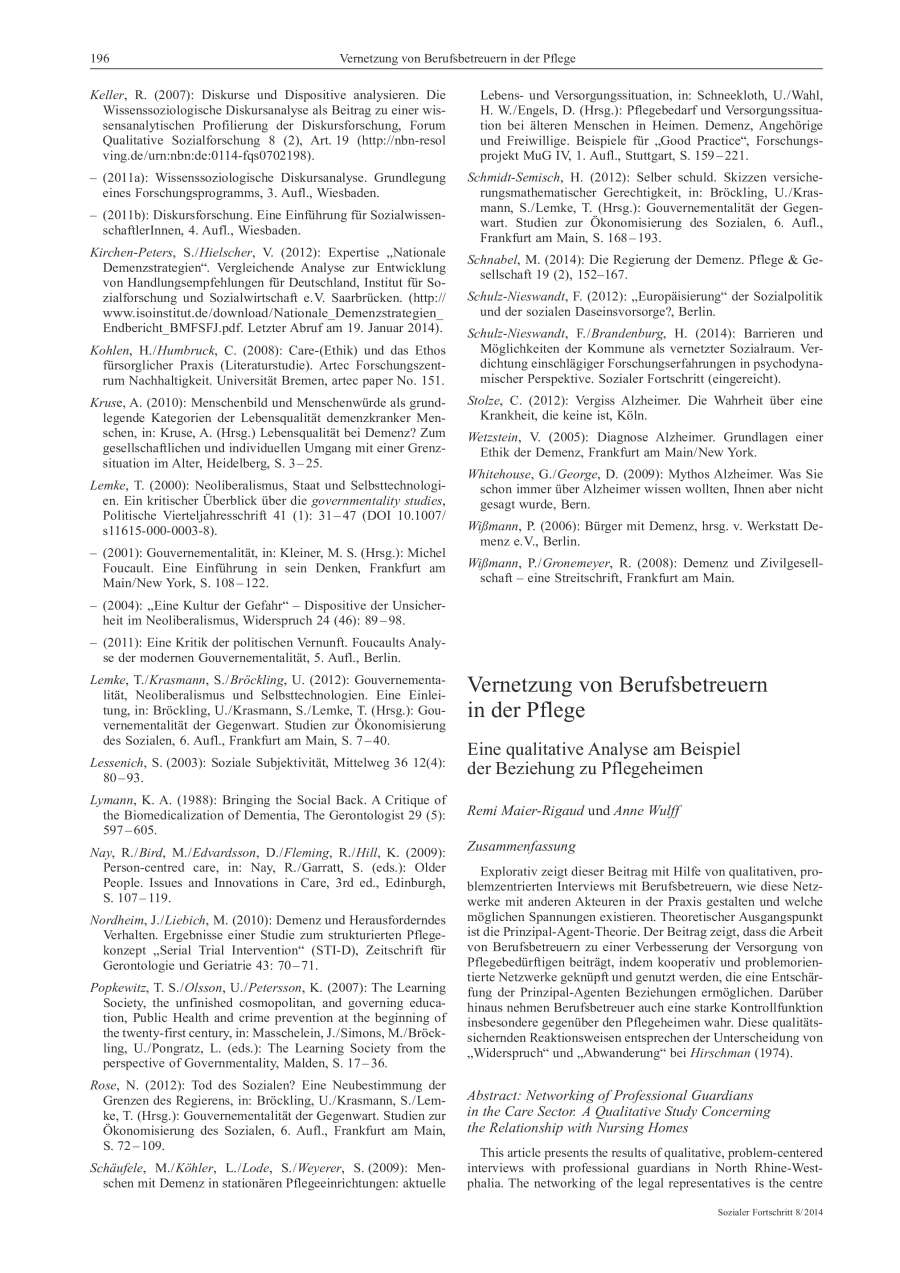 Vernetzung von Berufsbetreuern in der Pflege. Eine qualitative Analyse am Beispiel der Beziehung zu Pflegeheimen