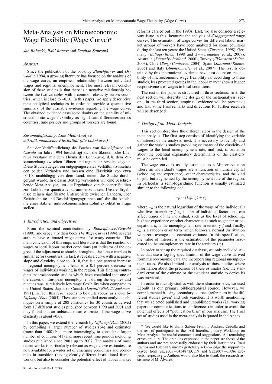 Meta-Analysis on Microeconomic Wage Flexibility (Wage Curve)