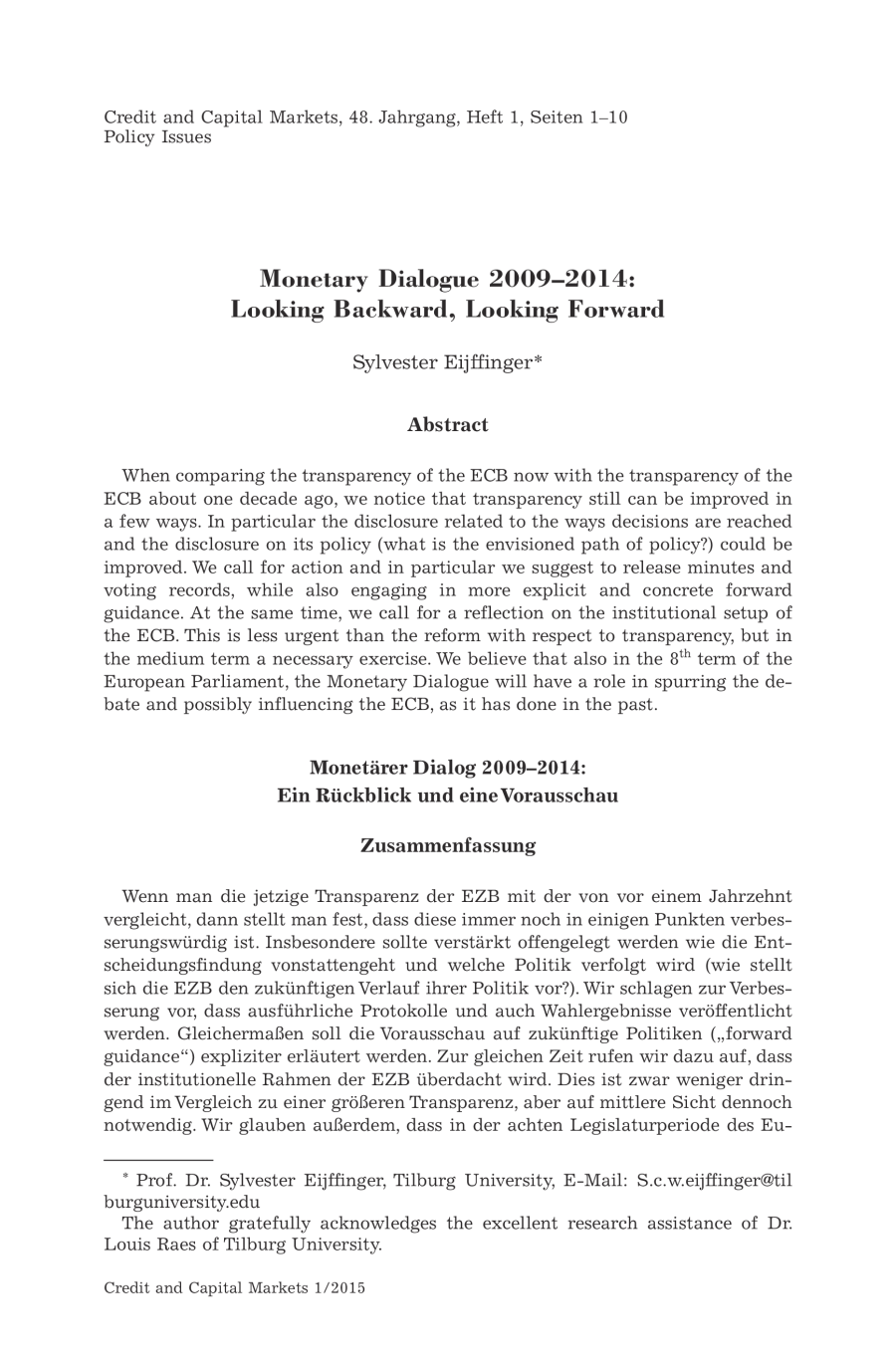 Monetary Dialogue 2009–2014: Looking Backward, Looking Forward