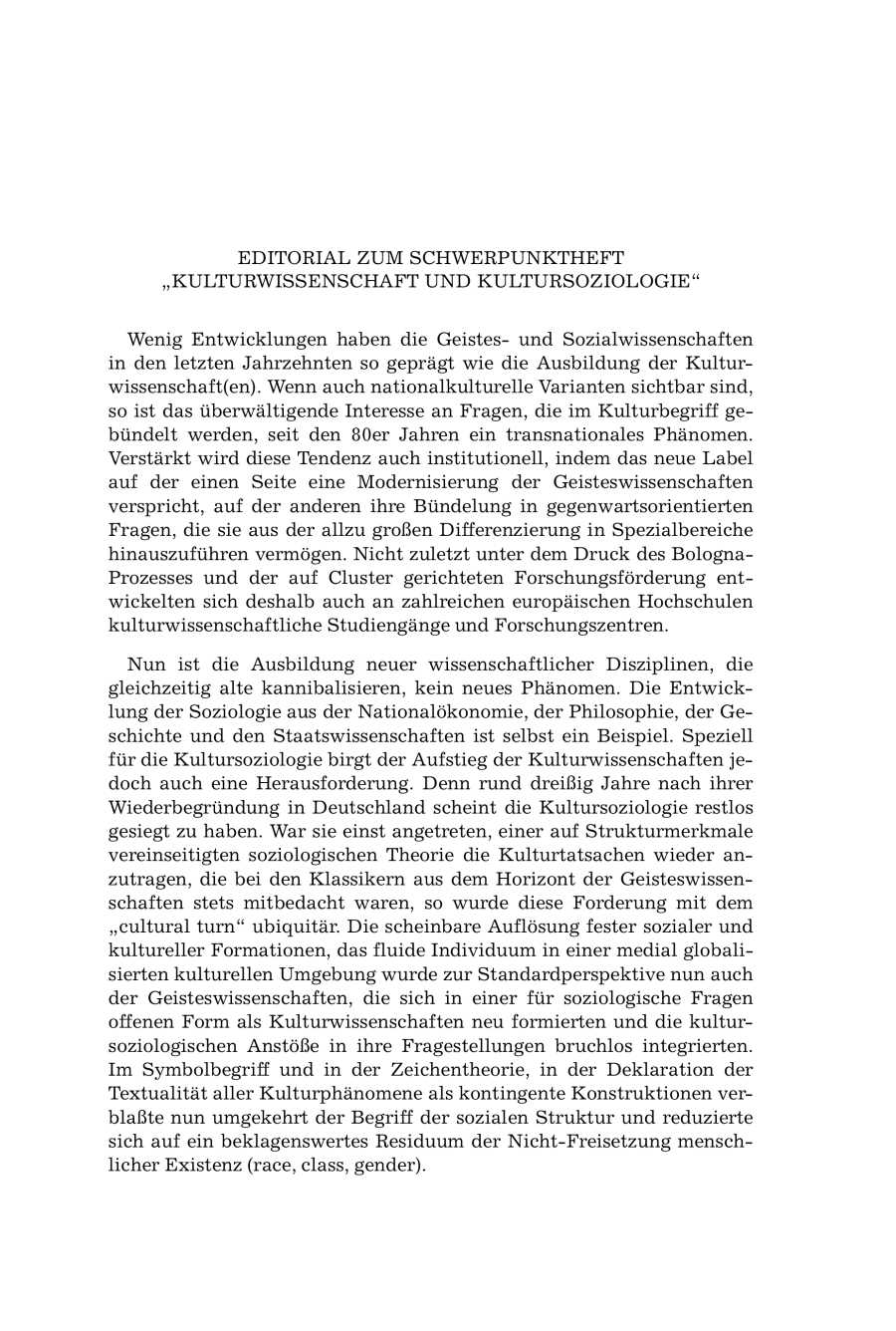 Editorial zum Schwerpunktheft “Kulturwissenschaft und Kultursoziologie“