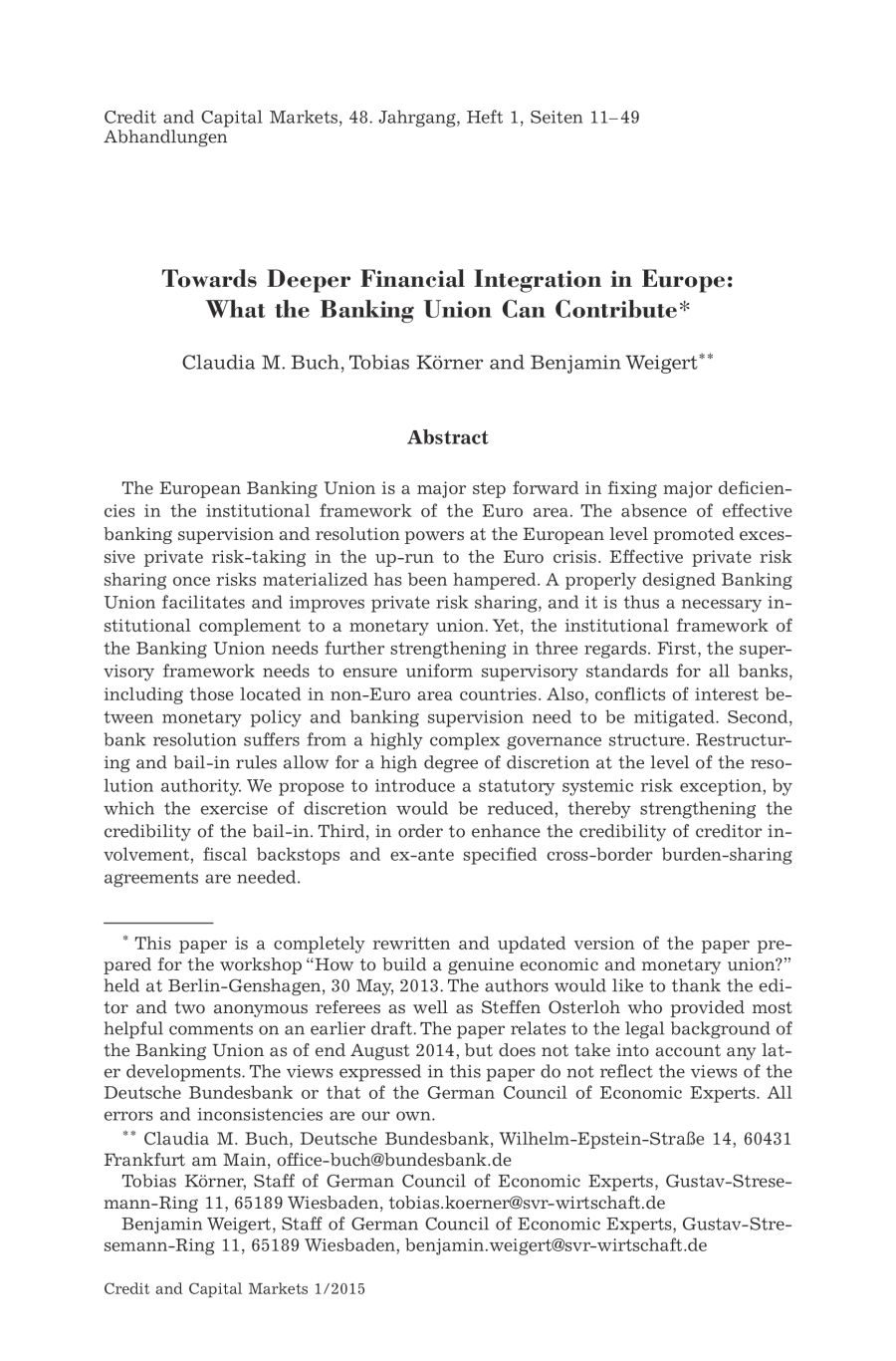 Towards Deeper Financial Integration in Europe: What the Banking Union Can Contribute
