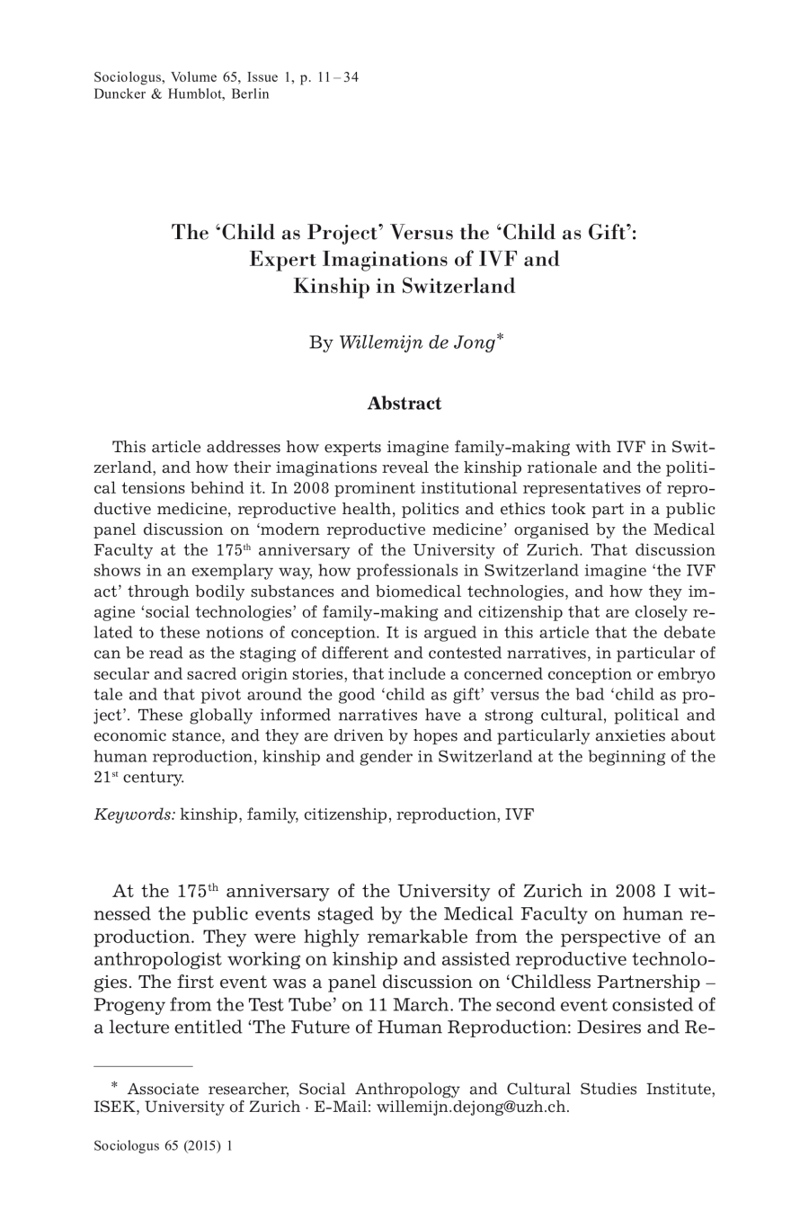 The ‘Child as Project’ Versus the ‘Child as Gift’: Expert Imaginations of IVF and Kinship in Switzerland