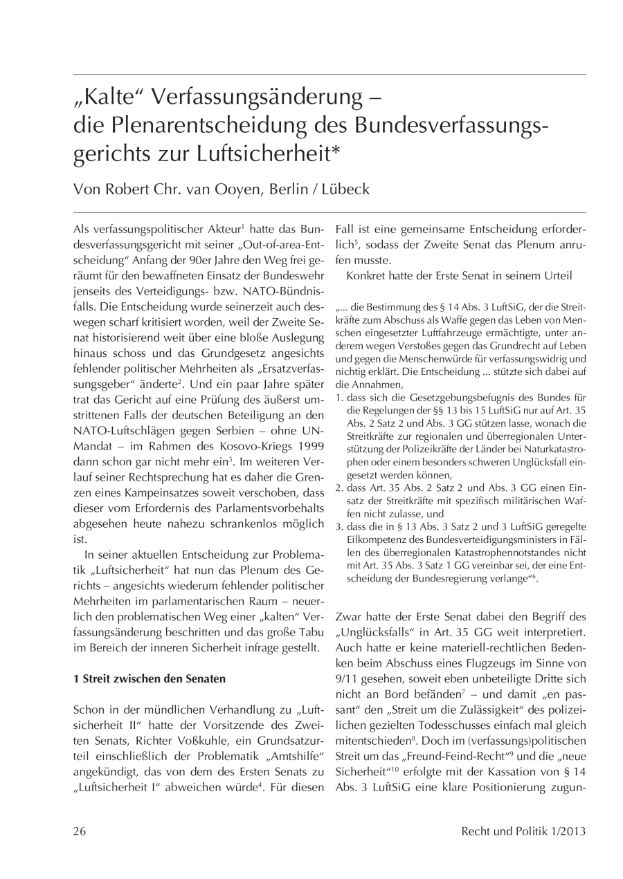 “Kalte“ Verfassungsänderung – die Plenarentscheidung des Bundesverfassungsgerichts zur Luftsicherheit