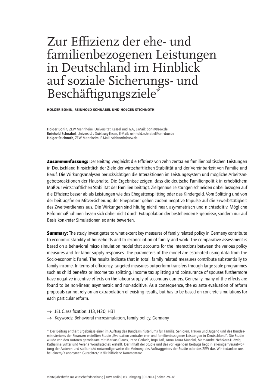 Zur Effizienz der ehe- und familienbezogenen Leistungen in Deutschland im Hinblick auf soziale Sicherungs- und Beschäftigungsziele