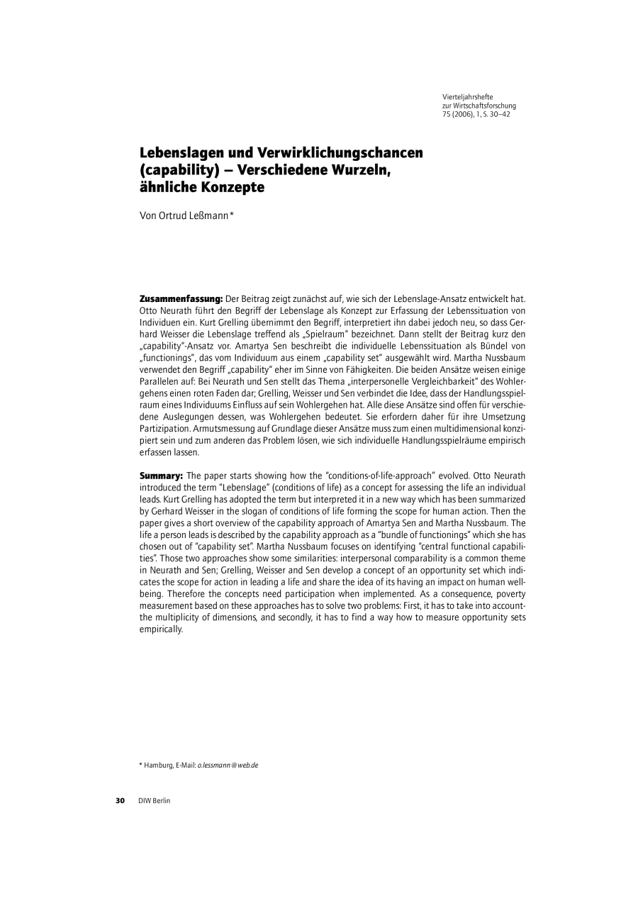 Lebenslagen und Verwirklichungschancen (capability) – Verschiedene Wurzeln, ähnliche Konzepte