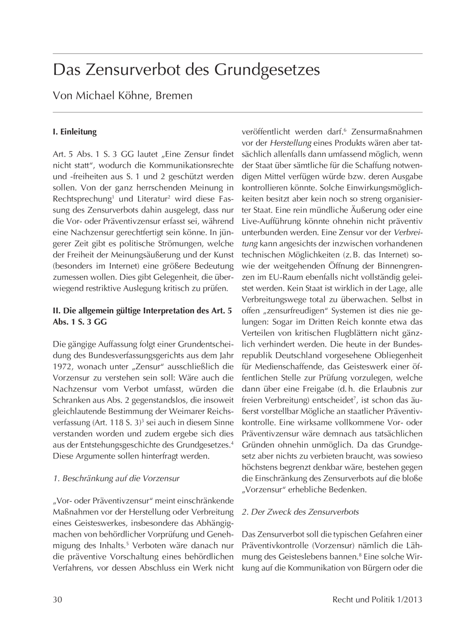 Das Zensurverbot des Grundgesetzes