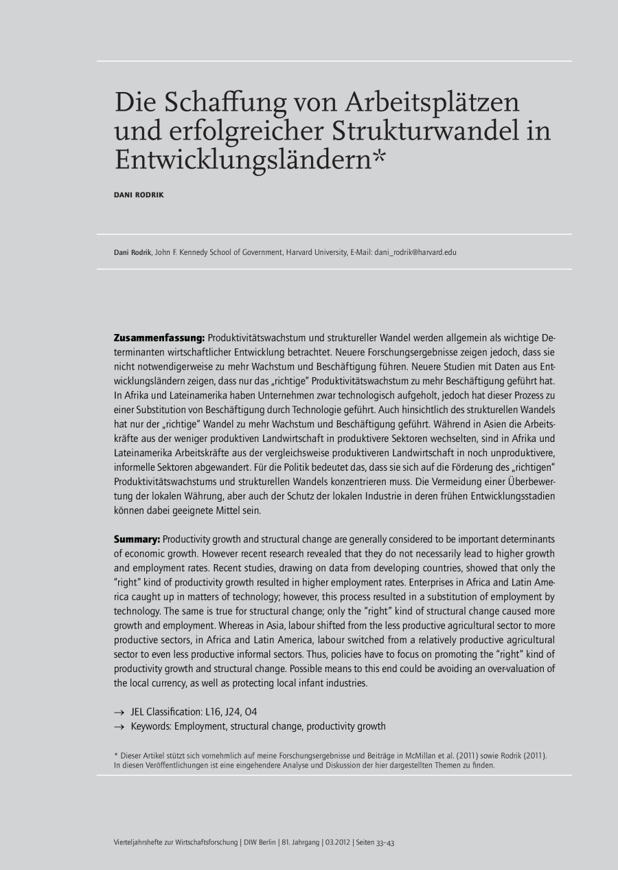 Die Schaffung von Arbeitsplätzen und erfolgreicher Strukturwandel in Entwicklungsländern