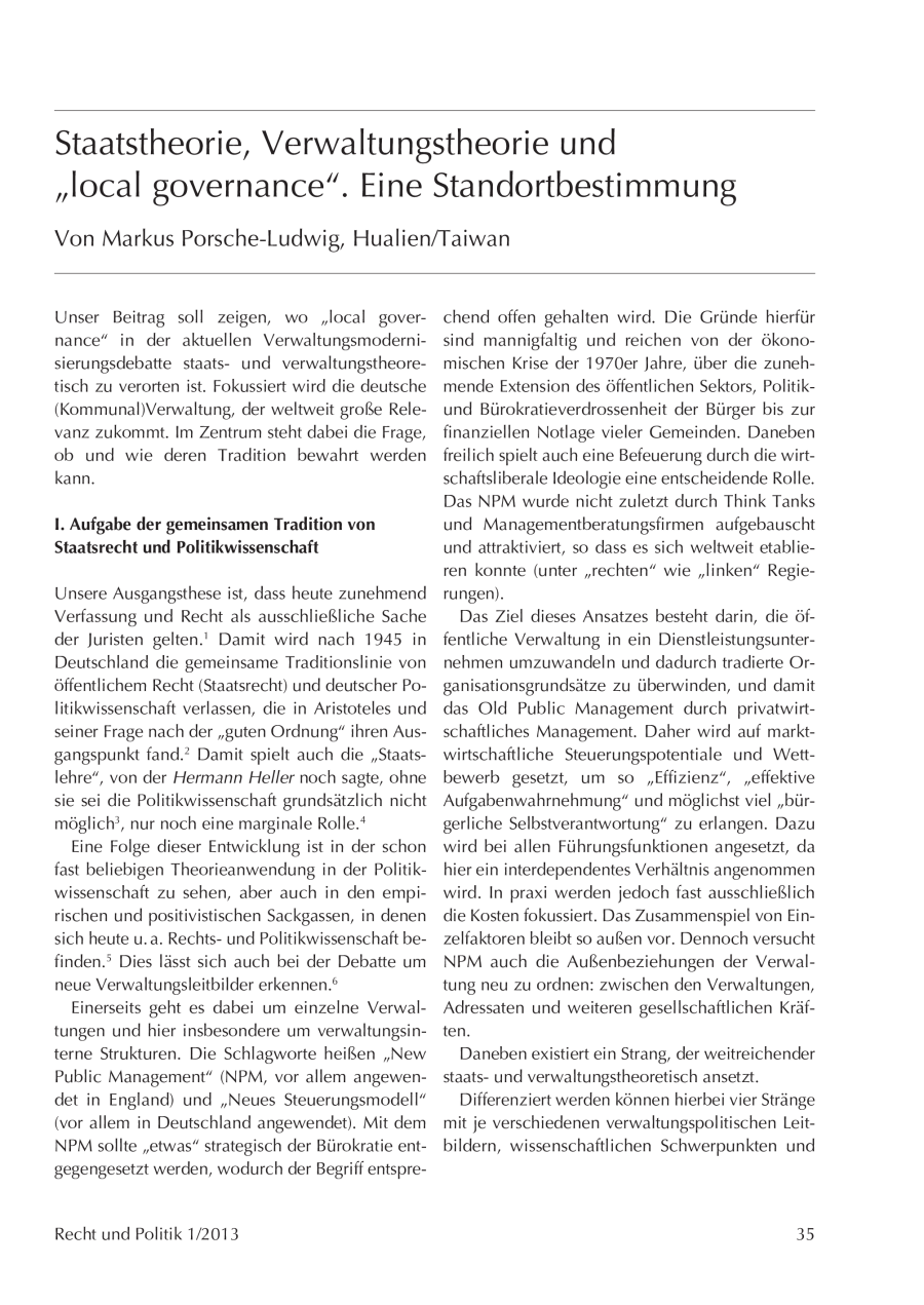 Staatstheorie, Verwaltungstheorie und “local governance“. Eine Standortbestimmung