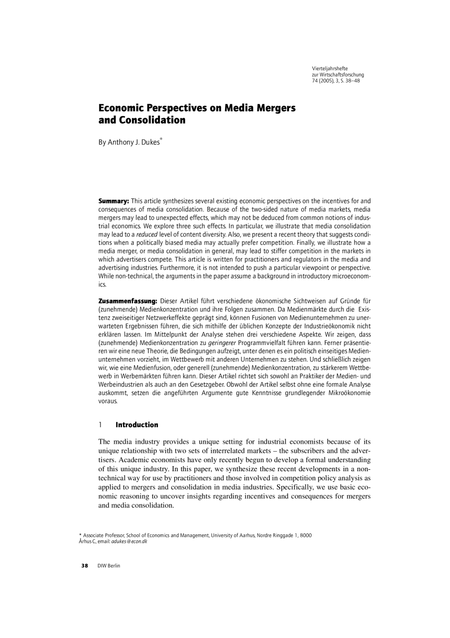 Economic Perspectives on Media Mergers and Consolidation