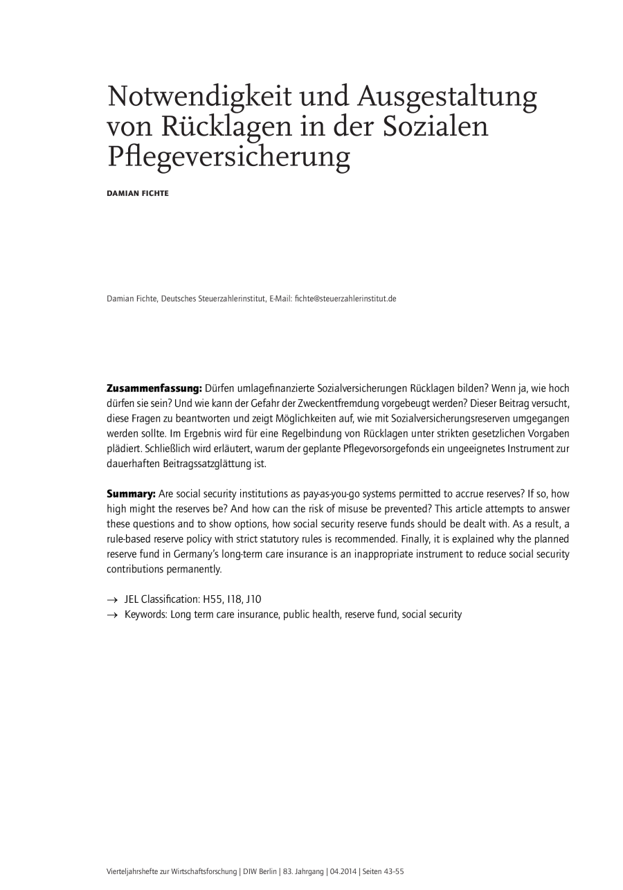 Notwendigkeit und Ausgestaltung von Rücklagen in der Sozialen Pflegeversicherung