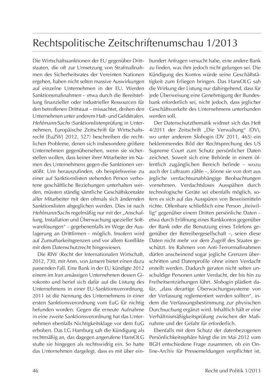 Rechtspolitische Zeitschriftenumschau 1/2013