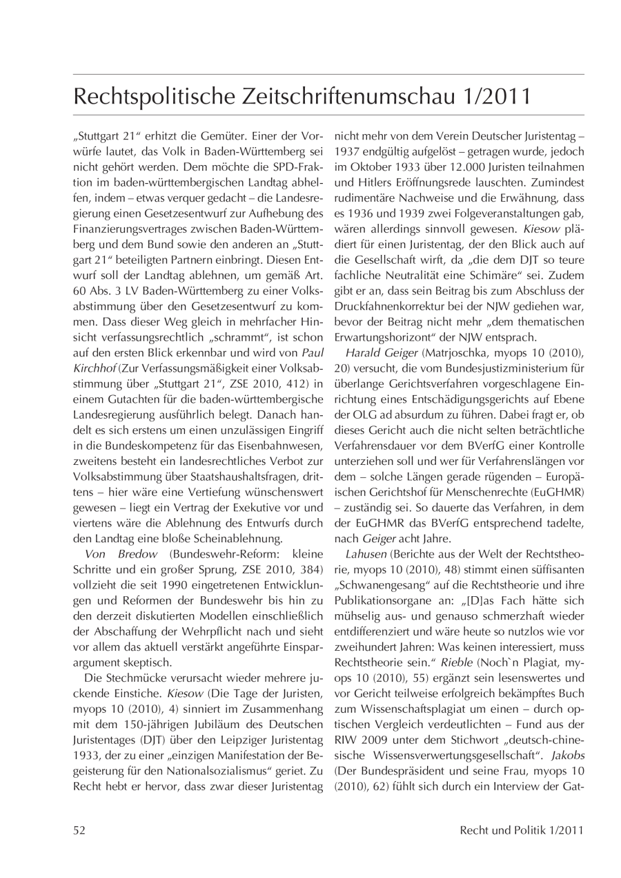 Rechtspolitische Zeitschriftenumschau 1/2011