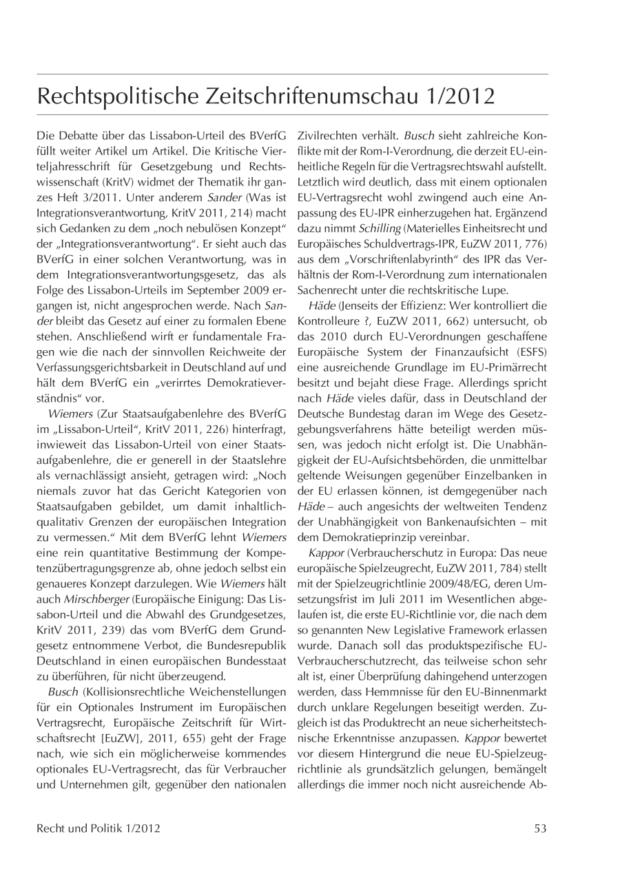 Rechtspolitische Zeitschriftenumschau 1/2012