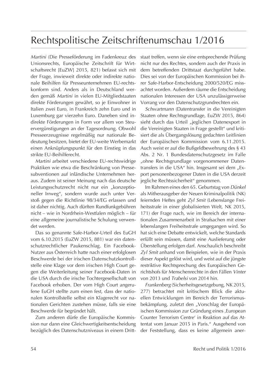 Rechtspolitische Zeitschriftenumschau 1/2016