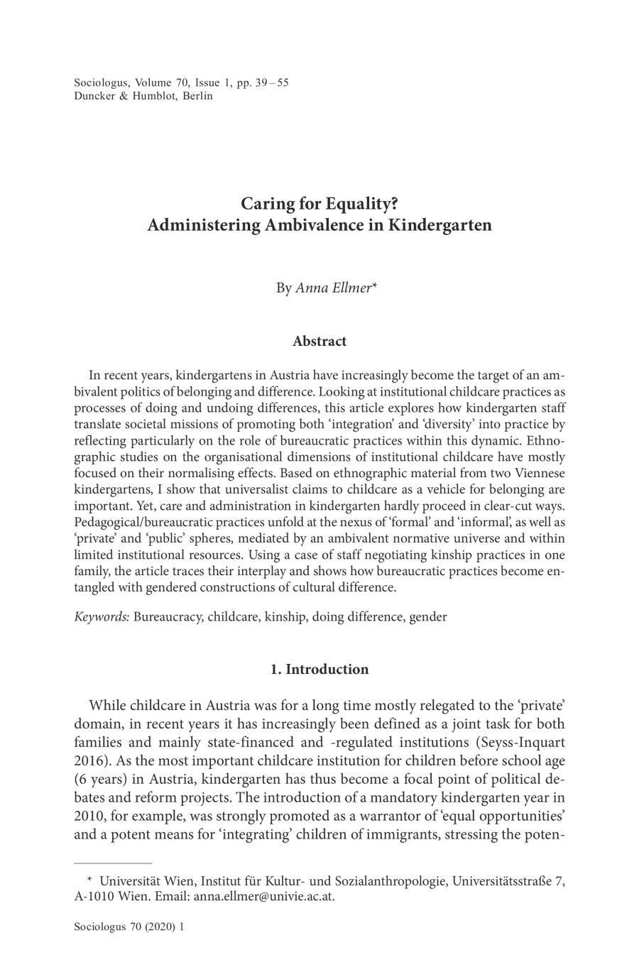 Caring for Equality? Administering Ambivalence in Kindergarten
