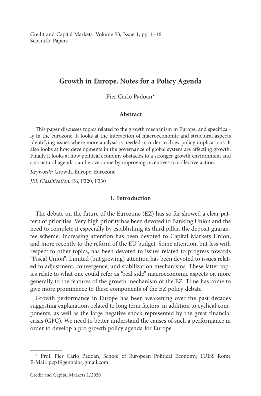 Growth in Europe. Notes for a Policy Agenda