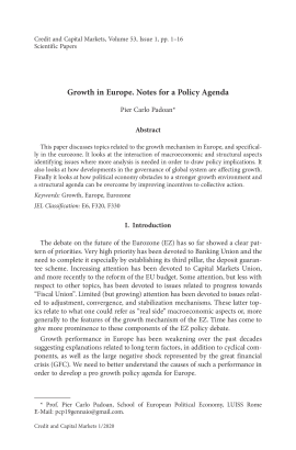 Growth in Europe. Notes for a Policy Agenda