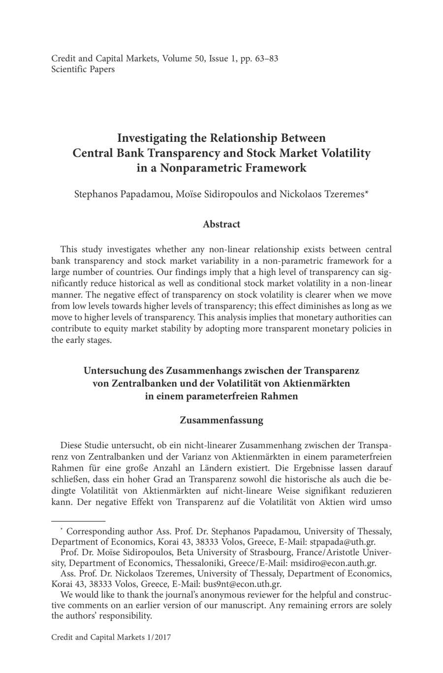 Investigating the Relationship Between Central Bank Transparency and Stock Market Volatility in a Nonparametric Framework