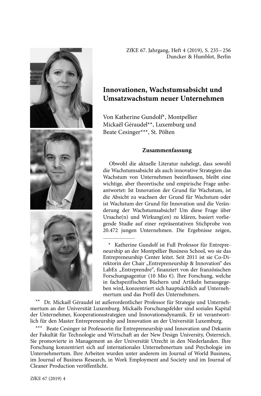 Innovationen, Wachstumsabsicht und Umsatzwachstum neuer Unternehmen