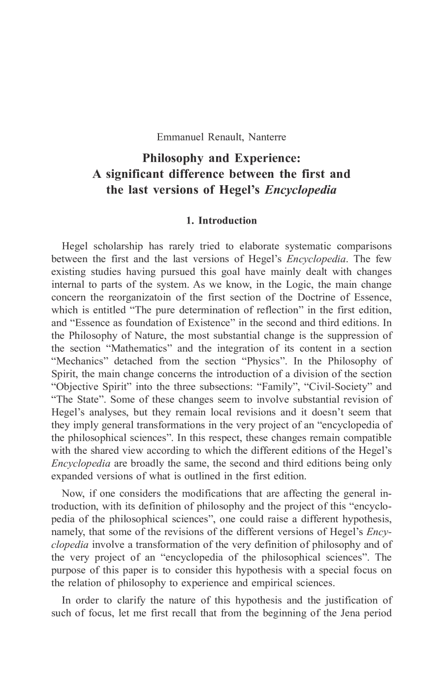 Philosophy and Experience: A significant difference between the first and the last versions of Hegel’s Encyclopedia