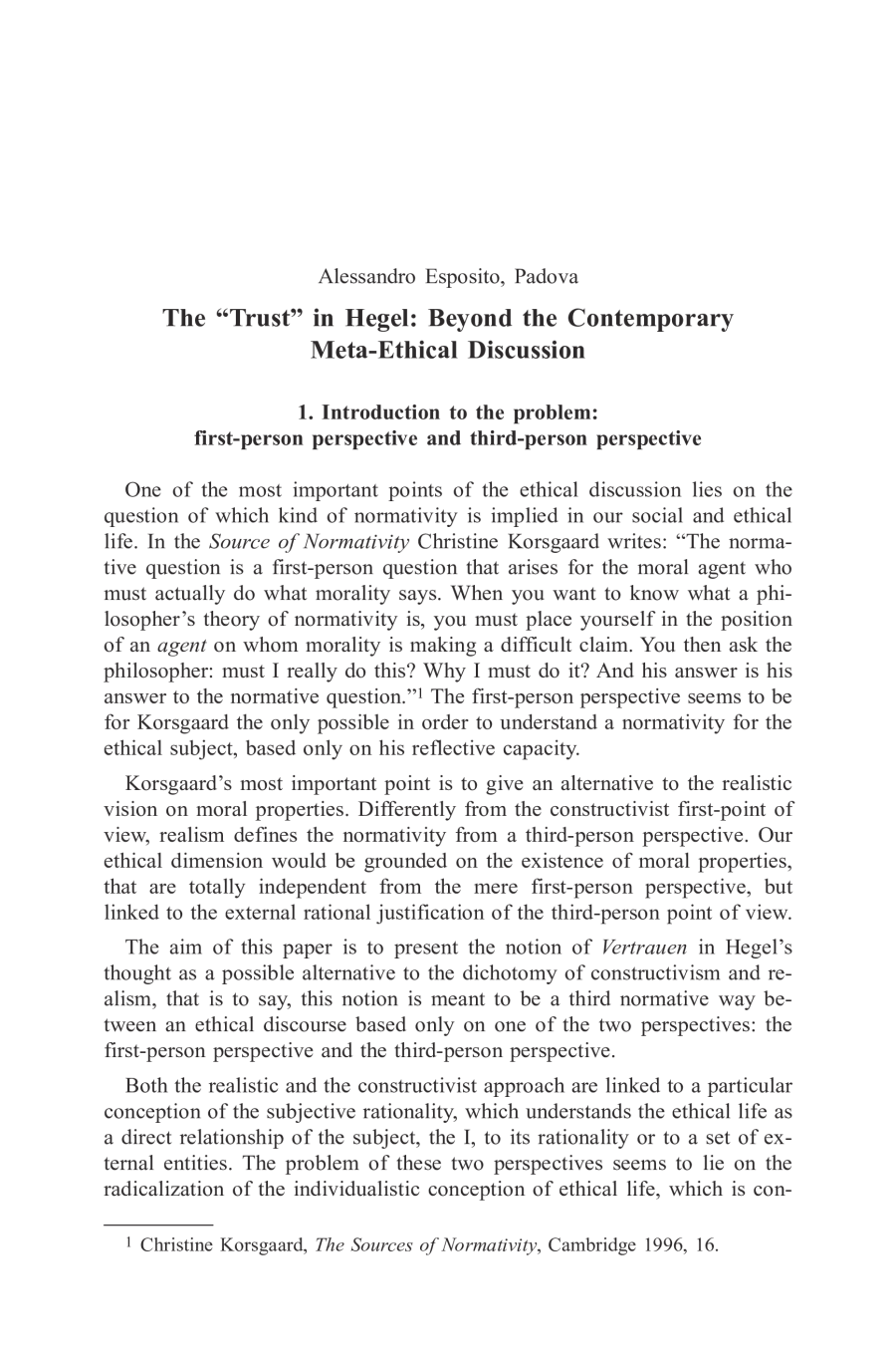 The “Trust” in Hegel: Beyond the Contemporary Meta-Ethical Discussion