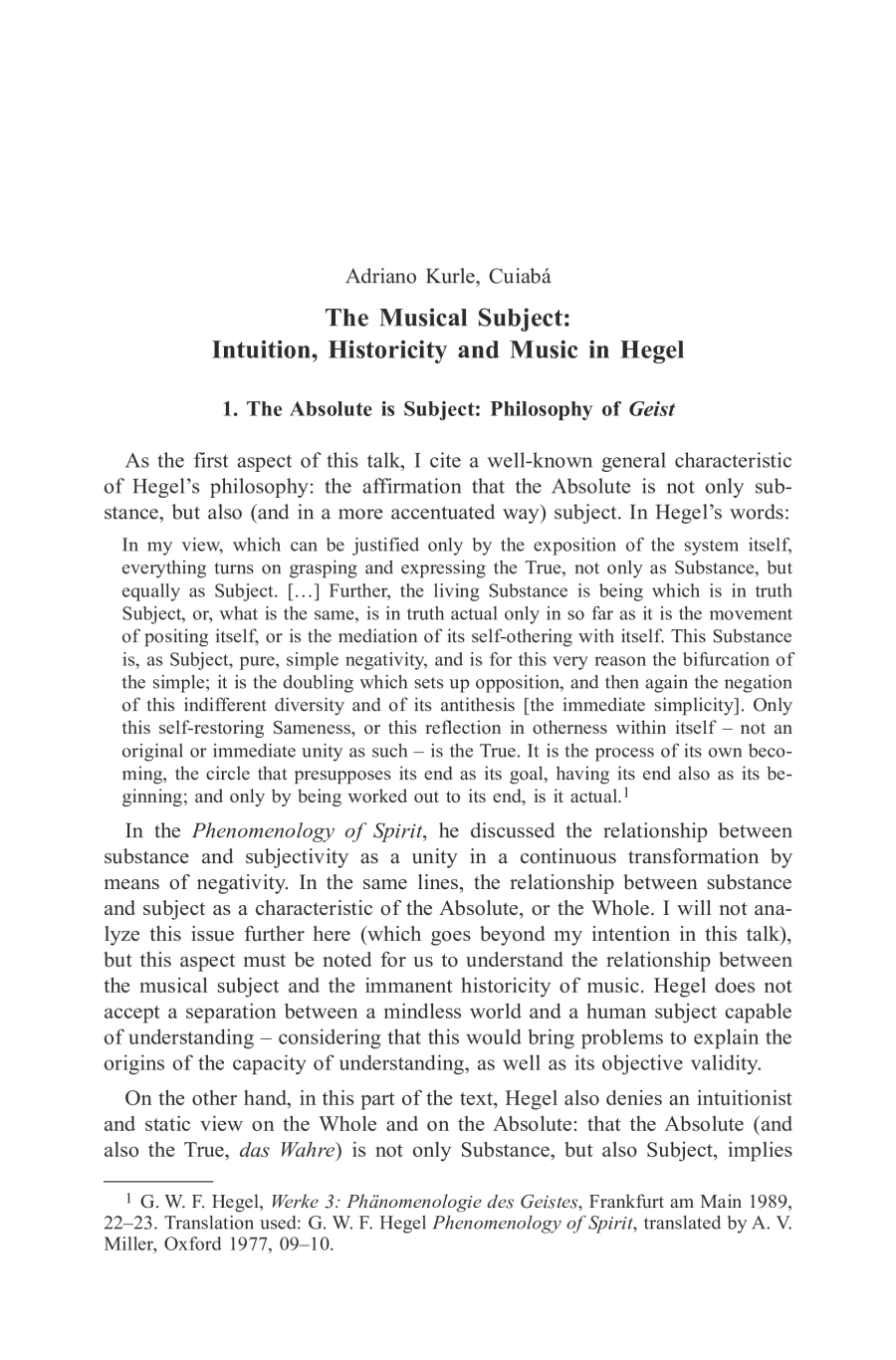 The Musical Subject: Intuition, Historicity and Music in Hegel