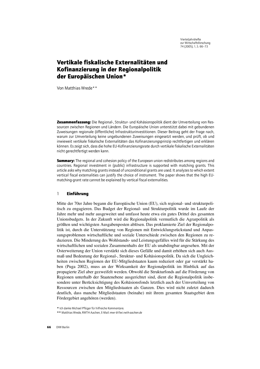 Vertikale fiskalische Externalitäten und Kofinanzierung in der Regionalpolitik der Europäischen Union