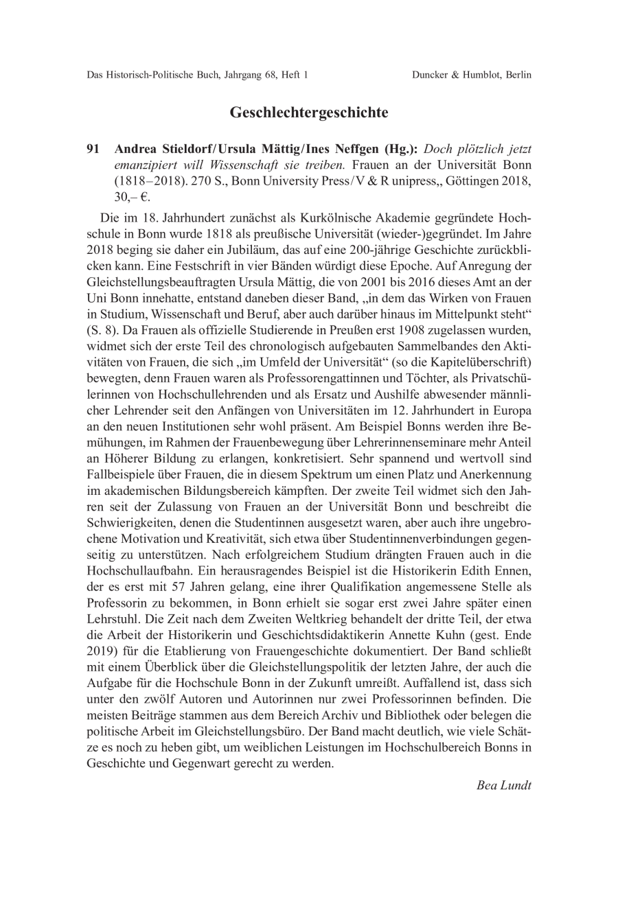 Andrea Stieldorf / Ursula Mättig / Ines Neffgen (Hg.): Doch plötzlich jetzt emanzipiert will Wissenschaft sie treiben. Frauen an der Universität Bonn 1818 – 2018).