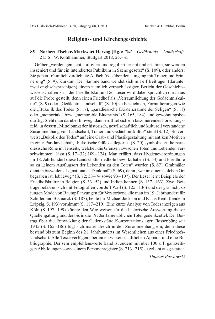 Norbert Fischer / Markwart Herzog (Hg.): Tod – Gedächtnis – Landschaft.