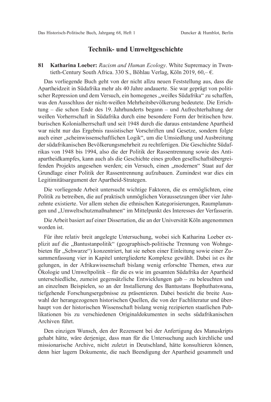 Katharina Loeber: Racism and Human Ecology. White Supremacy in Twentieth-Century South Africa.