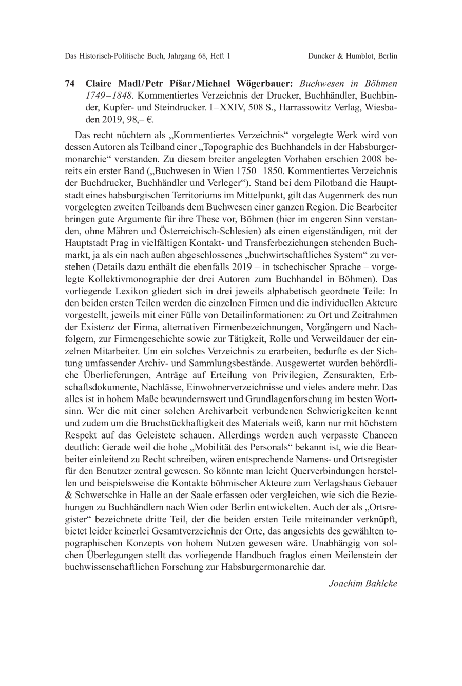 Claire Madl / Petr Píšar / Michael Wögerbauer: Buchwesen in Böhmen 1749 – 1848.